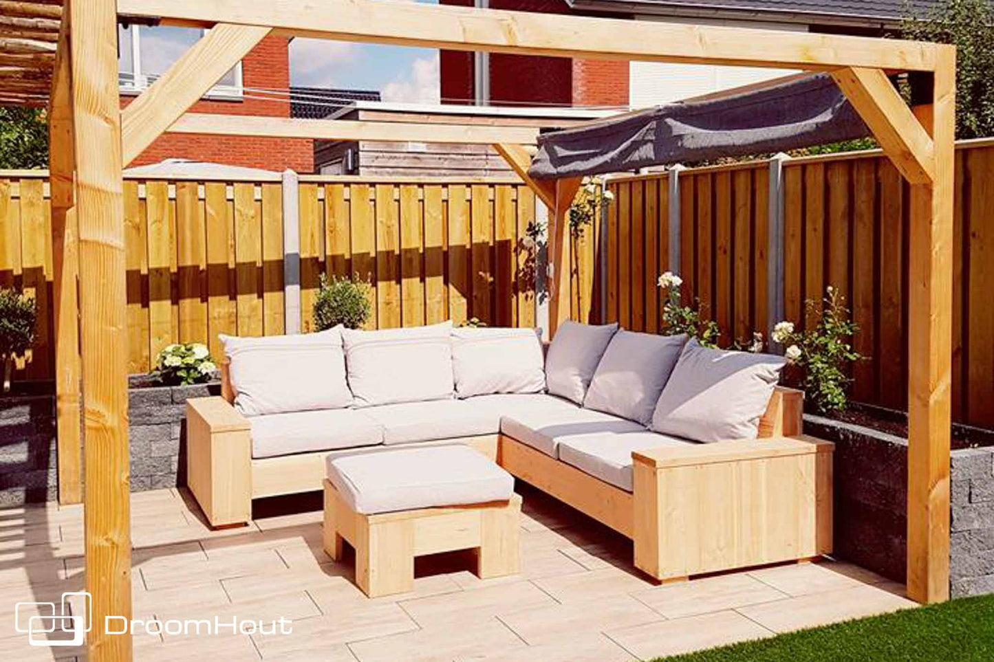 Hoek loungebank Siena 5-zits douglas + gratis hocker voordeelset