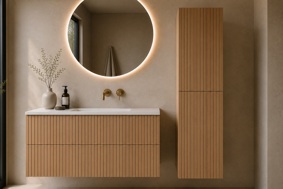 Badezimmerschrank aus Holz Palm und Wave