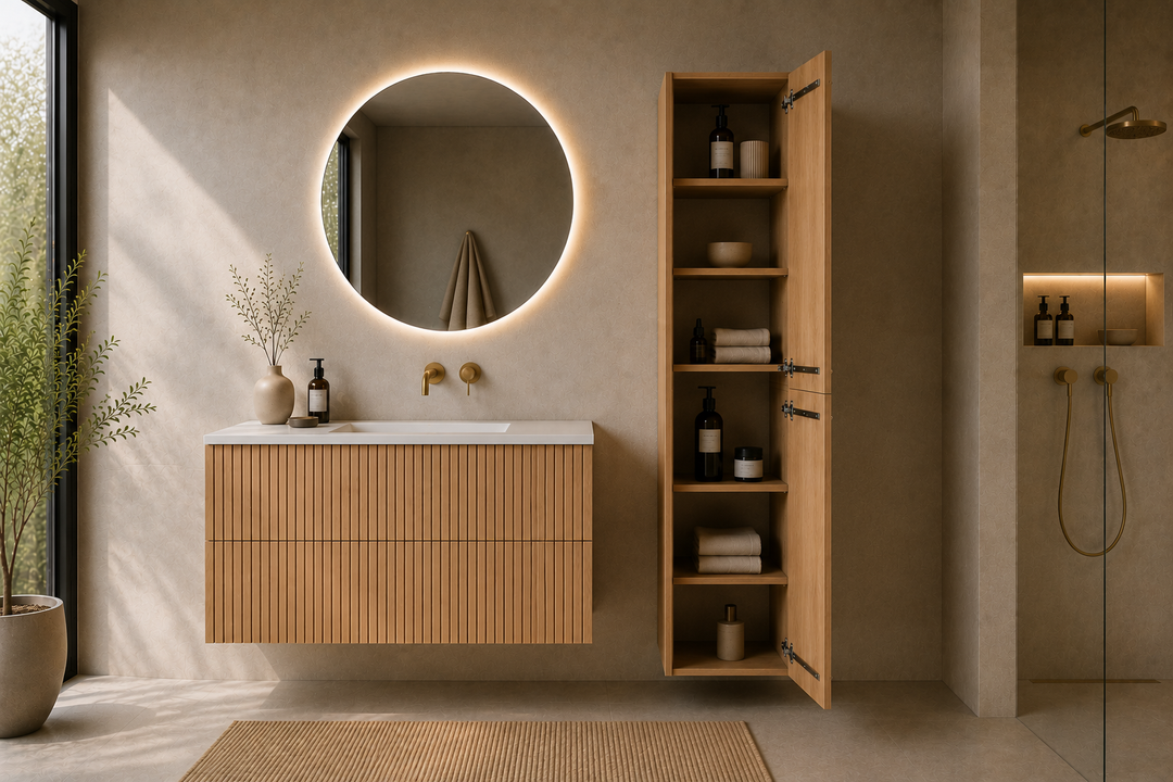 Badezimmerschrank aus Holz Palm und Wave