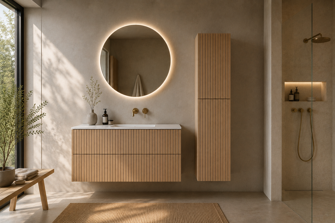 Badezimmerschrank aus Holz Palm und Wave